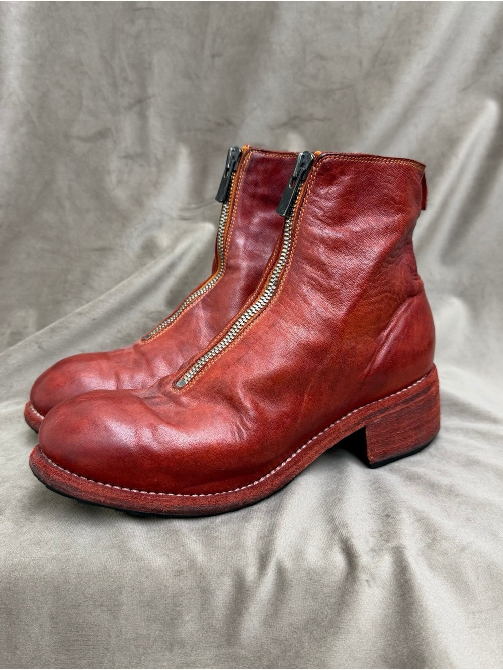 🚩steal Guidi Red Brown Leather Front-Zip Ankle Boots